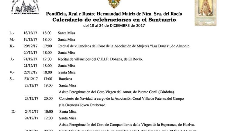 Calendario de Celebraciones en el Santuario del Rocío del 18 al 24 de diciembre de 2017